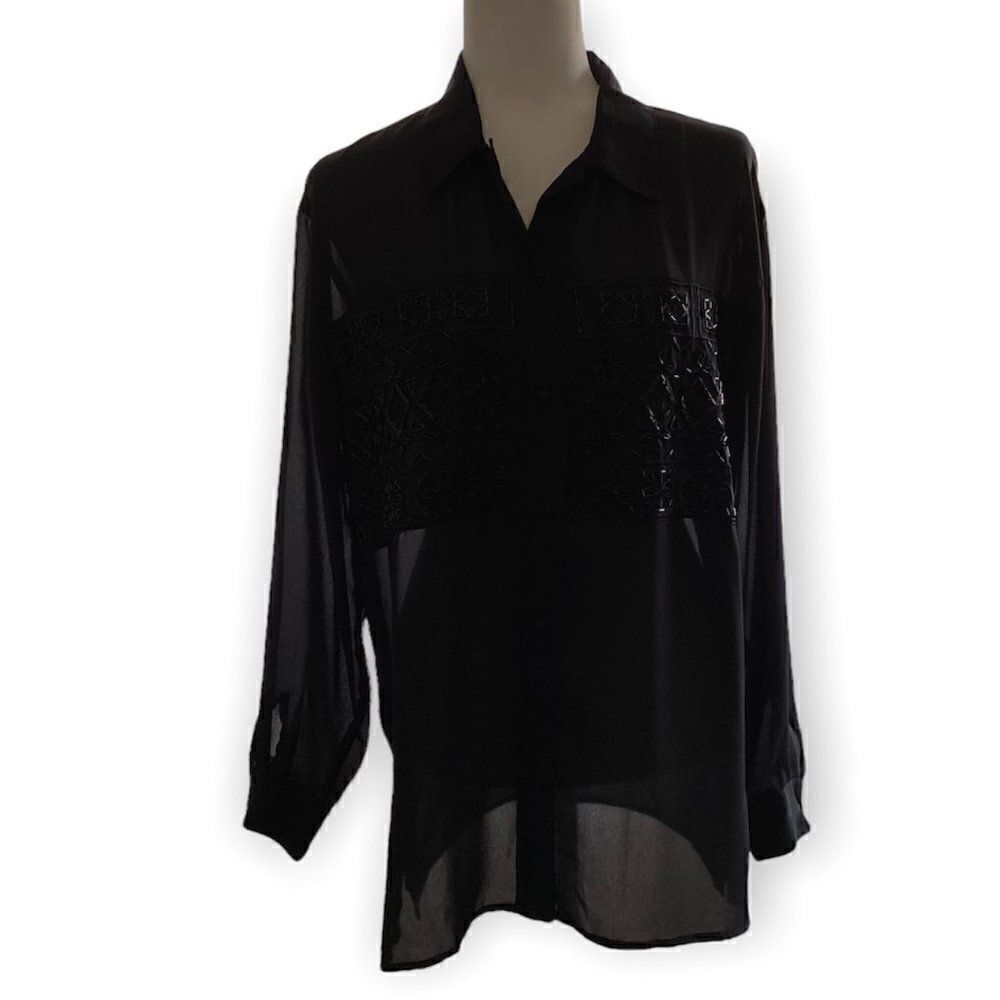 Vintage Nancy Crystal Black Long Sleeve Sheer Beaded Blouse SZ M